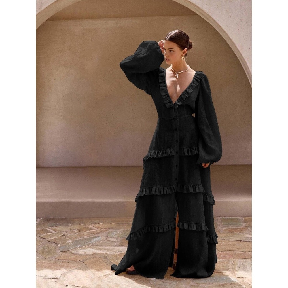 Commense Cotton & Linen Semi-Sheer Ruffle Maxi Dress‎ Flowy Black Dress size XS